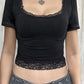 Short sleeve crop top with square neckline and lace inserts 