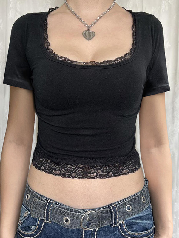 Kurzarm Crop Top mit Eckigem Ausschnitt und Spitzeneinsätzen