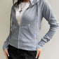 Grey Vintage Ribbed Zipper Drawstring Long Sleeve Hoodie