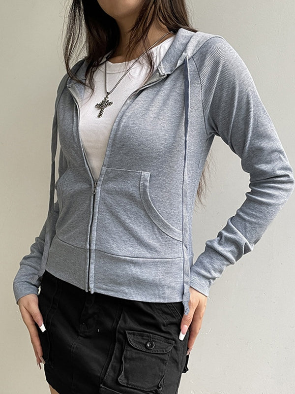 Grey Vintage Ribbed Zipper Drawstring Long Sleeve Hoodie