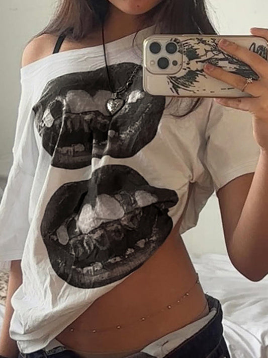 Weißes Vintage T-Shirt mit Lippen Print und Oversized Passform