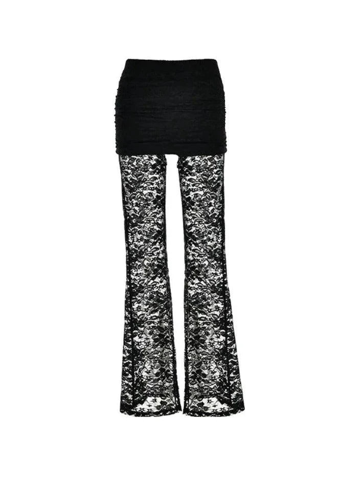 Black high rise flared trousers with lace insert