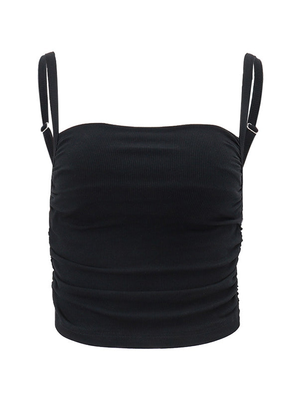 Black Vintage Pleated Backless Slim Camisole