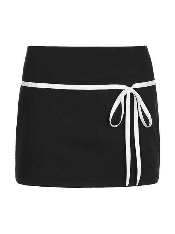 Black Bow Splice Low Waist Lace Up Mini Skirt