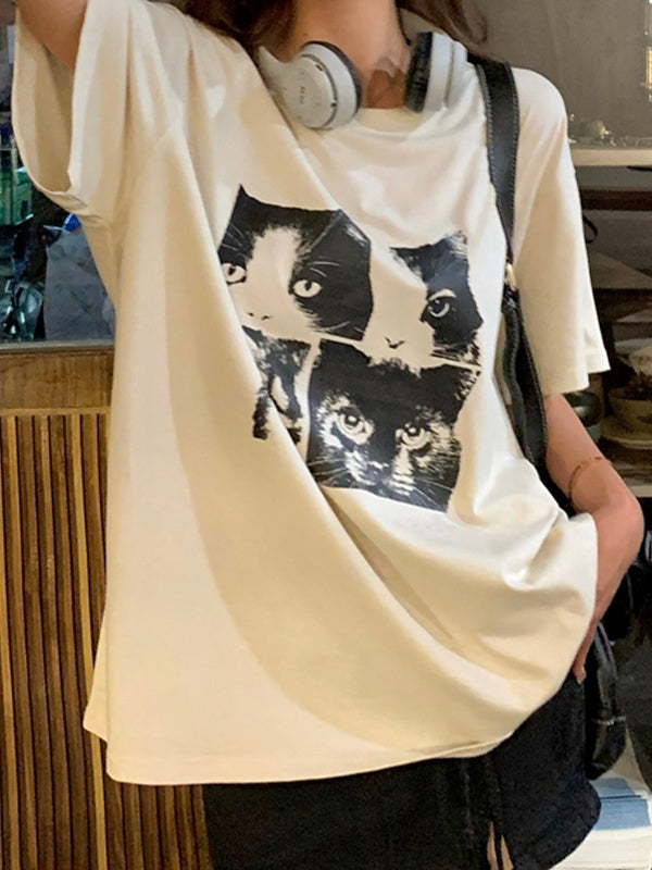 Vintage Oversize T Shirt mit mit Kurzen Ärmeln und Katzenprint