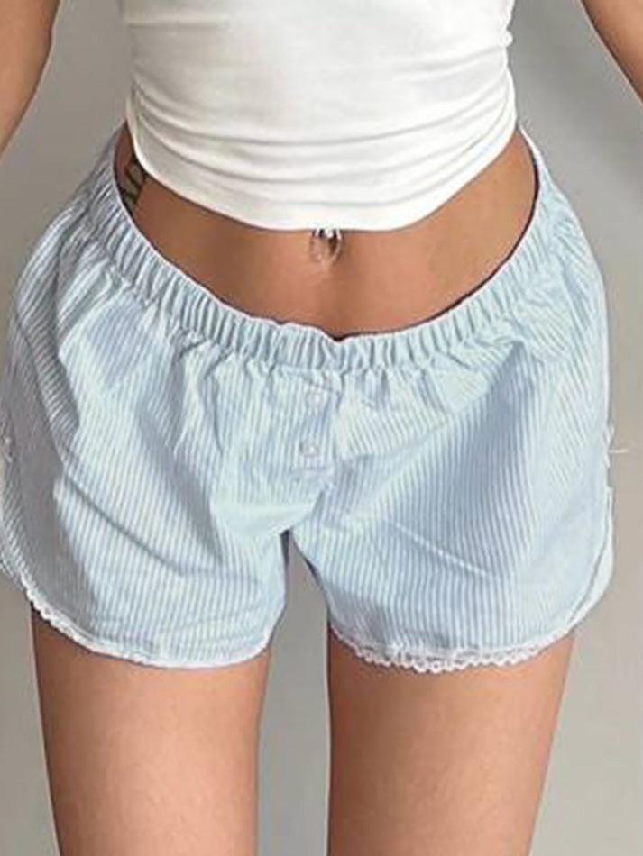 Blaue Schleifen Spitzen Patchwork Gestreifte Shorts