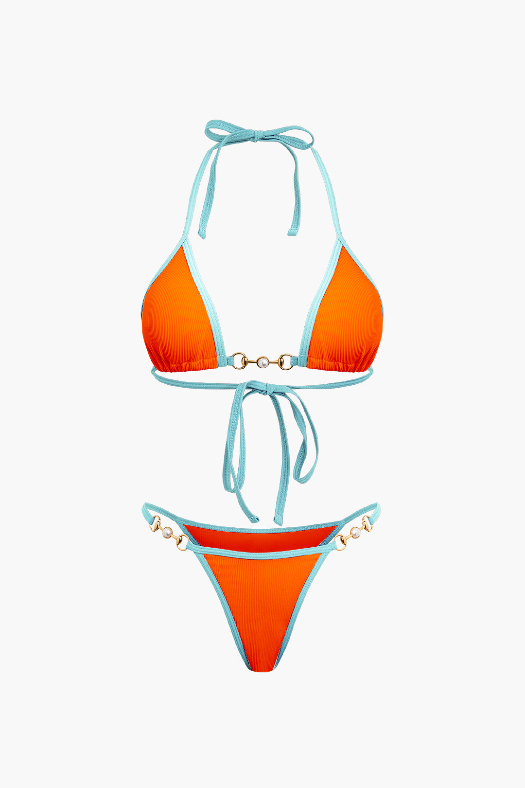 Kontrast Vintage Perle Detail Halter 2 Stück Bikini Set