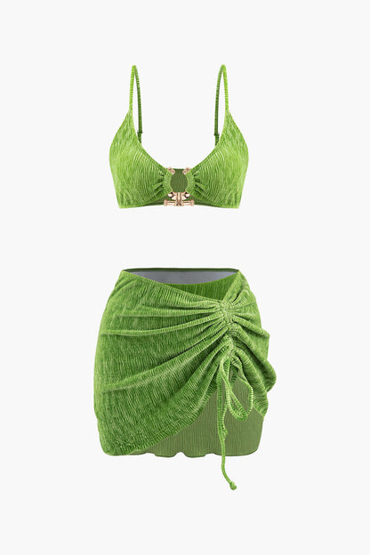 Samt Textur U-Ring Bikini & Sarong 3 Teiliger Set