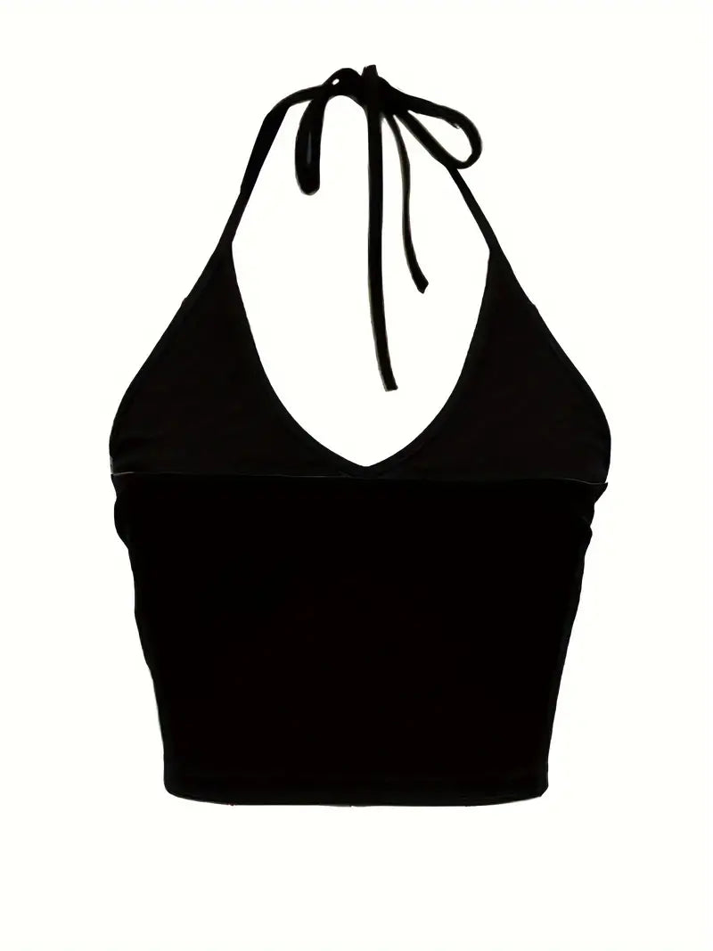 Basic Backless V-Neck Halter Crop Top