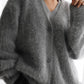 90er Jahre Grauer Imitation-Mink Strickpullover Cardigan