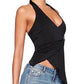 Black Asymmetrical Backless Halter Top with V-Neck