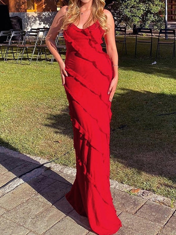 Red Vintage Halter Backless Slit Ruffle Maxi Dress