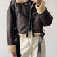 Classic brown leather jacket with lambswool lining and leather splice in short cut 