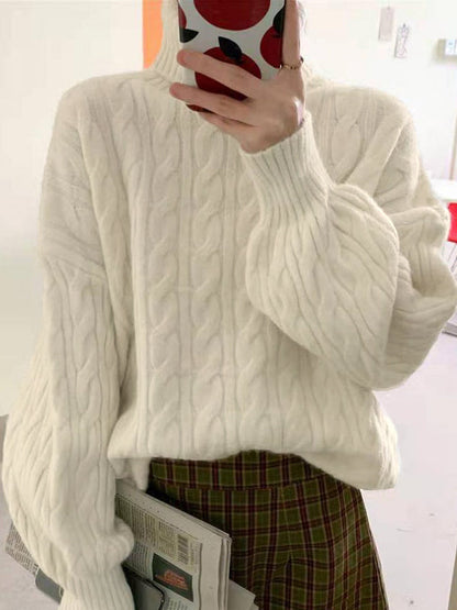 Y2K Solid Color High Collar Cable Knit Sweater 