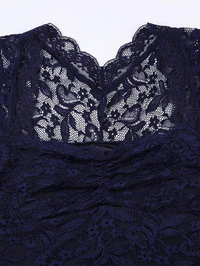 Top a maniche corte slim in pizzo vintage blu navy