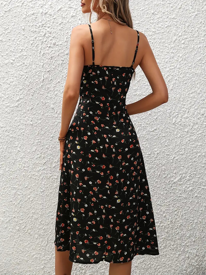 French Ditsy Floral Print Slit Dress 