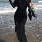 Black Punk Off Shoulder Ruffle Maxi Dress with High Slit