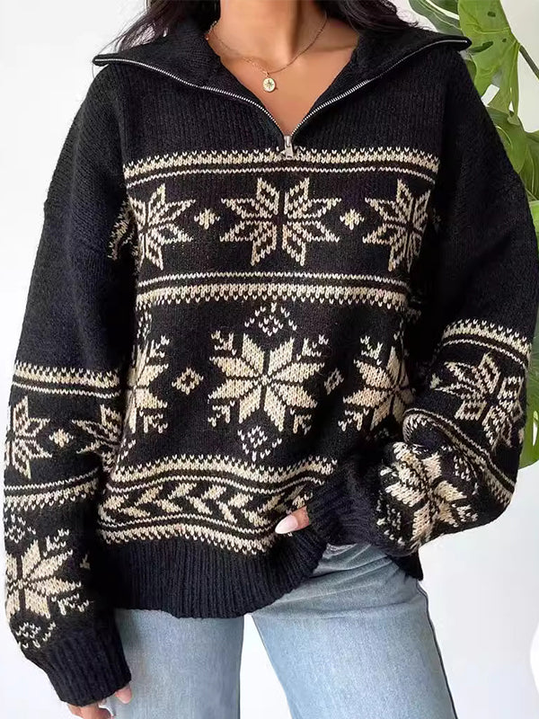 Schwarze Vintage Jacquard Übergroße Pullover