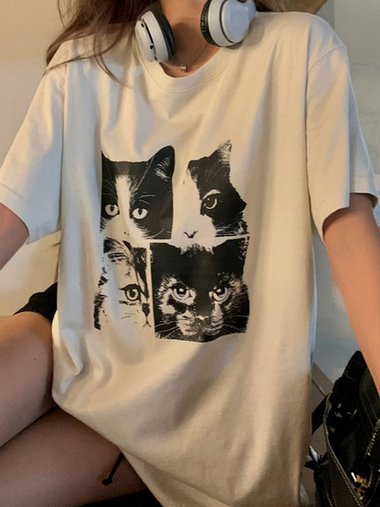 Vintage Oversize T Shirt mit mit Kurzen Ärmeln und Katzenprint