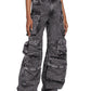 Graue Gewaschene Cargo Jeans mit Zerrissenen Details und Taschen