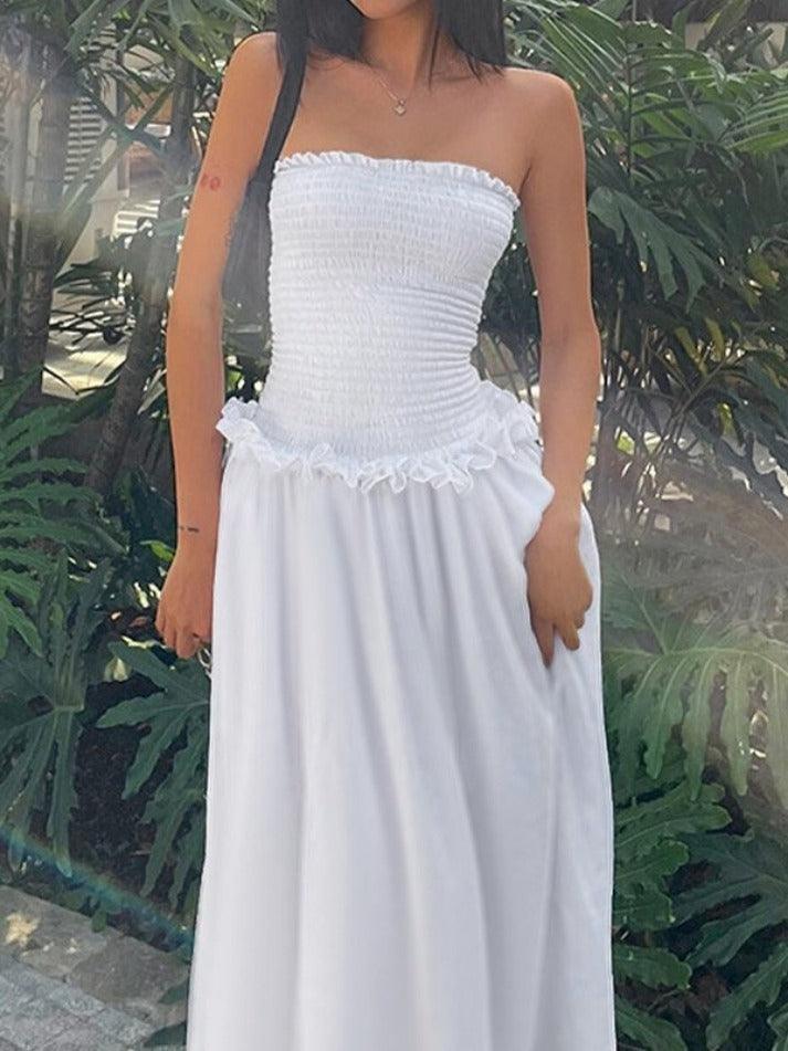 Abito maxi tubolare arricciato con spalle scoperte bianco vintage