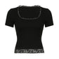 Short sleeve crop top with square neckline and lace inserts 