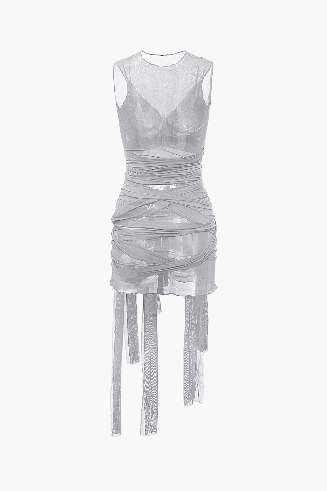 Solid sheer mesh mini dress with bow tie