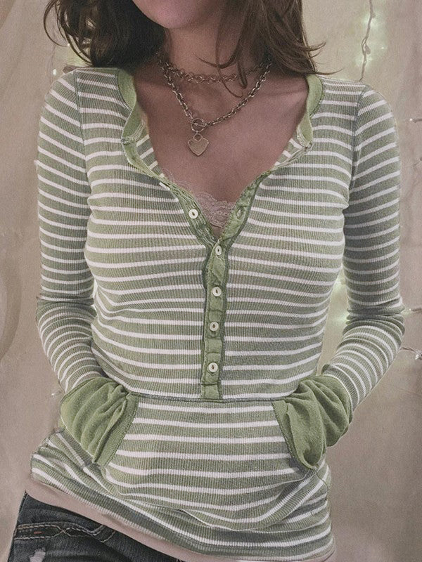 Green Vintage Striped Ribbed Knit Button Front Top