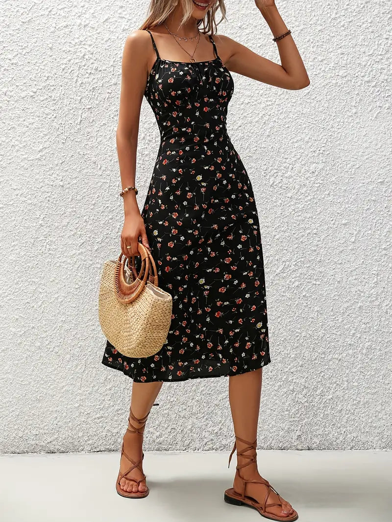 French Ditsy Floral Print Slit Dress 