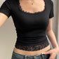 Short sleeve crop top with square neckline and lace inserts 