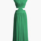 Solid Color Vintage Faux Neckline Pleated Maxi Dress 