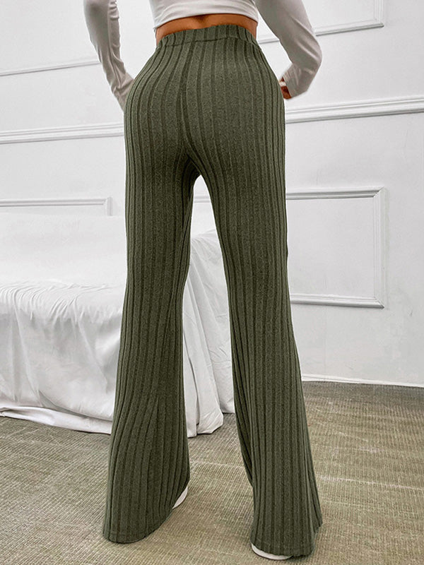 Solid color ribbed high waist flared trousers