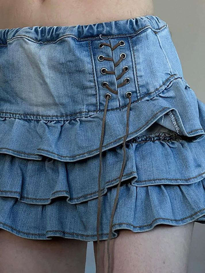 Minigonna in denim a strati a vita alta avvolgente blu vintage