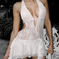 White Vintage Cutout Lace Plunge Neck Halter Dress with Irregular Hem