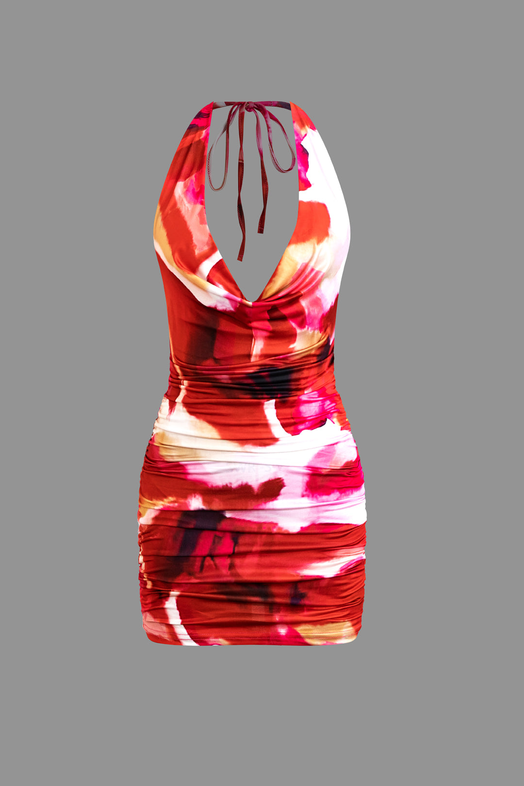 Crimson Vintage Tie Dye Halterneck V-Neck Backless Mini Dress