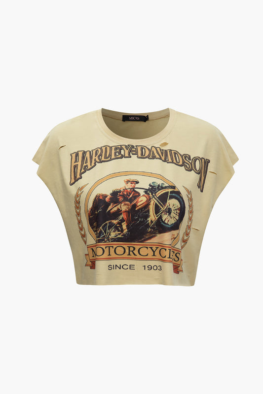 Khaki Retro Motorrad Grafik Druck Ärmelloses T Shirt