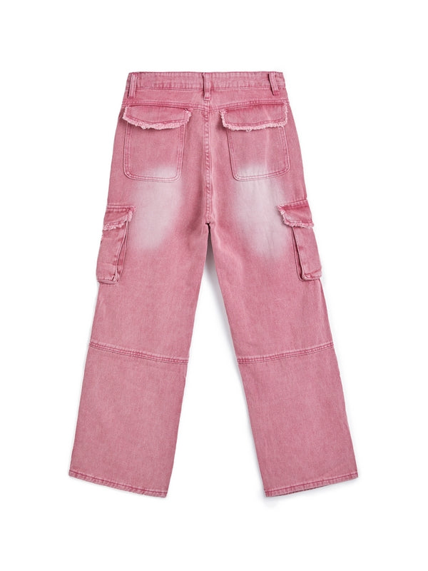 Rosa Y2K Multi Taschen Ripped Cargo Jeans mit Verblasstem Effekt