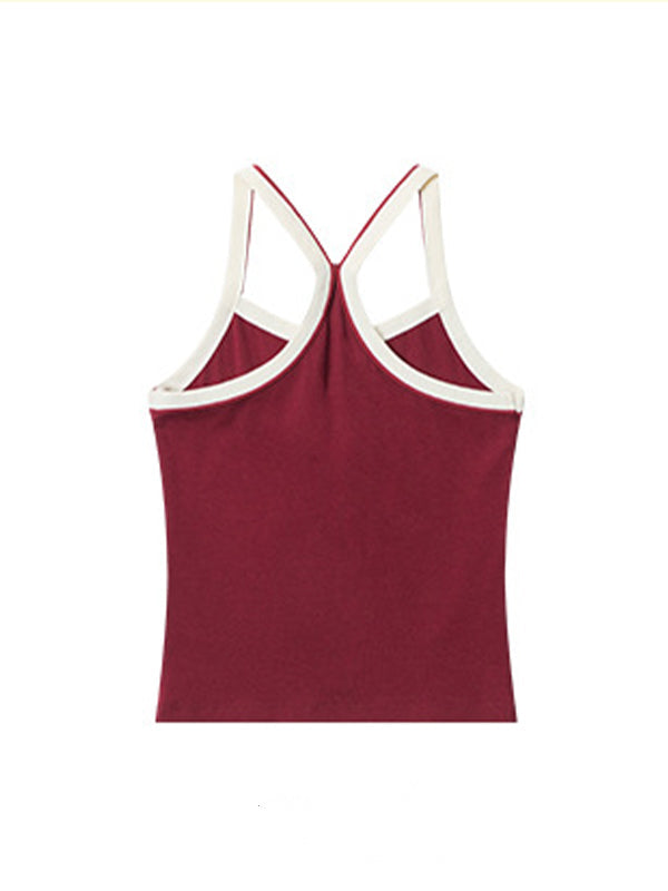 Red Retro Splicing Plain Back Tank Top