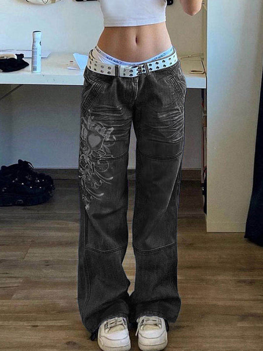 Y2K Schwarze Cargo Jeans mit Gewaschenem Effekt und Herz Print
