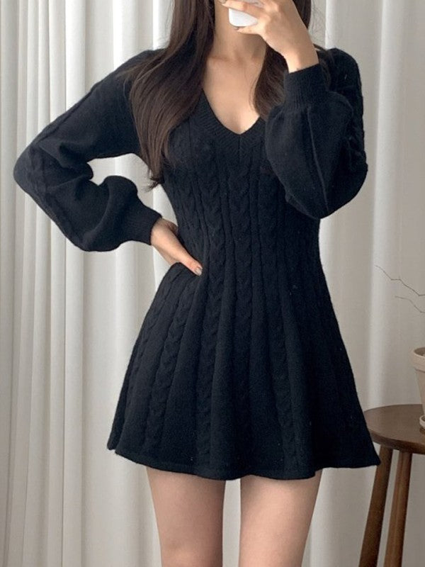 Solid Color Cute V-Neck Cable Knit Long Sleeve Mini Dress