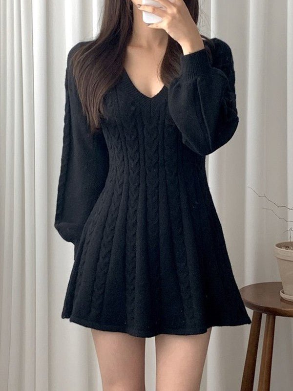 Solid Color Cute V-Neck Cable Knit Long Sleeve Mini Dress