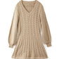 Solid Color Cute V-Neck Cable Knit Long Sleeve Mini Dress