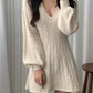 Solid Color Cute V-Neck Cable Knit Long Sleeve Mini Dress