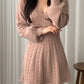 Solid Color Cute V-Neck Cable Knit Long Sleeve Mini Dress