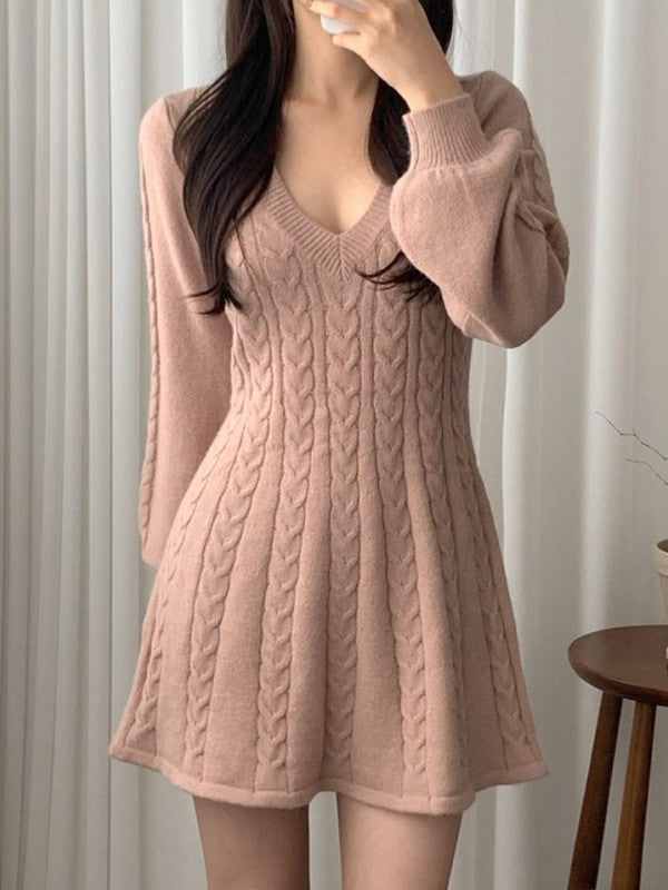 Solid Color Cute V-Neck Cable Knit Long Sleeve Mini Dress