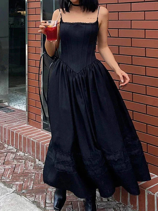 Abito maxi corsetto vintage nero con allacciatura