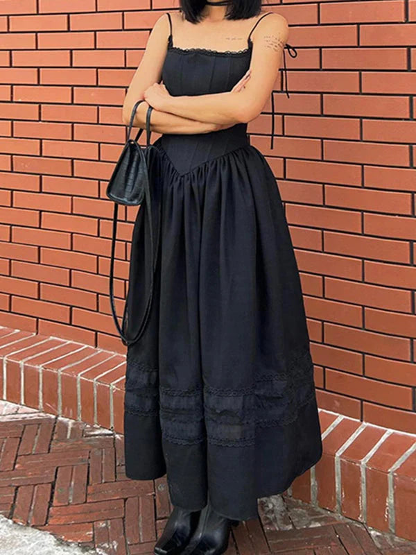 Abito maxi corsetto vintage nero con allacciatura