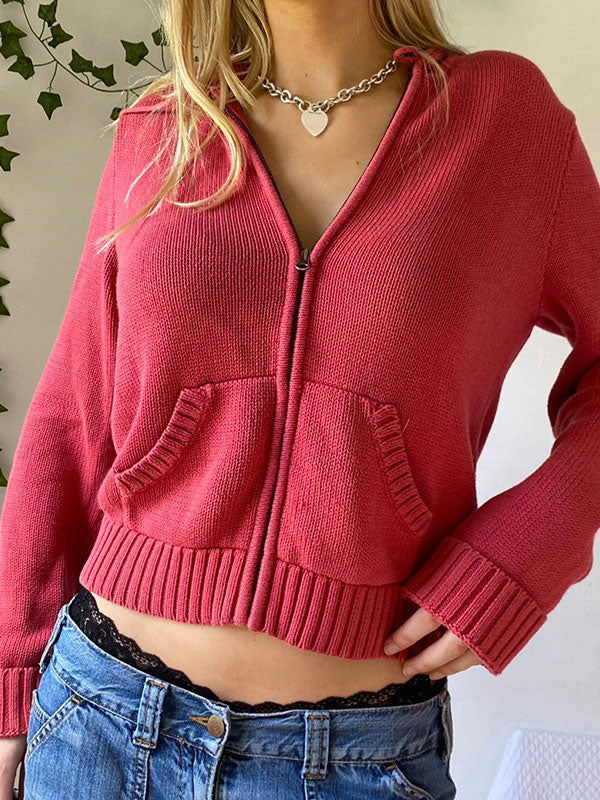 2000s Einfarbige Kapuzen Crop Strickjacke