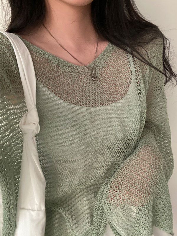 Top in maglia all'uncinetto a maniche lunghe oversize vintage verde