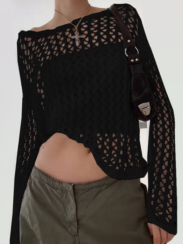 Black Sexy Hollow Crochet Top with Long Sleeves